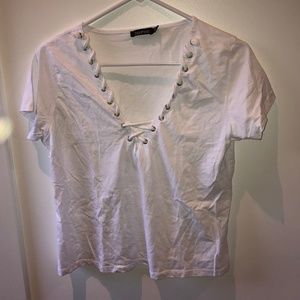 white v-neck with rope detail